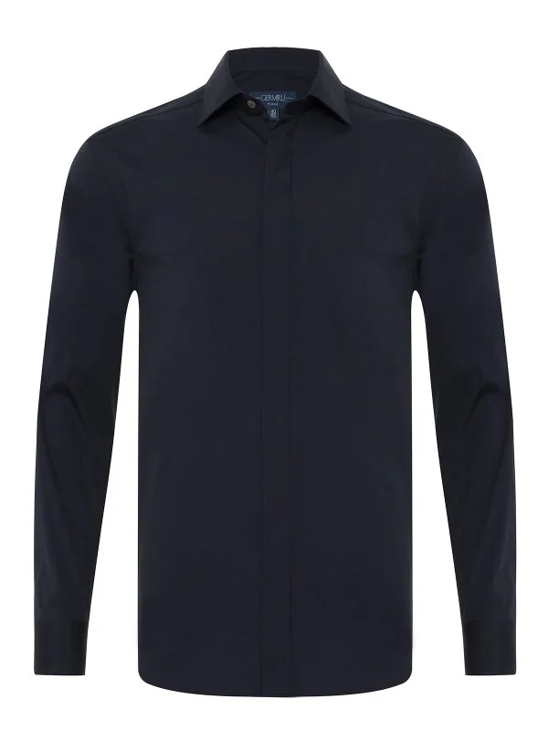 Germirli Navy Blue Hidden Placket Classic Collar Tailor Fit Cotton Elastane Shirt - 1