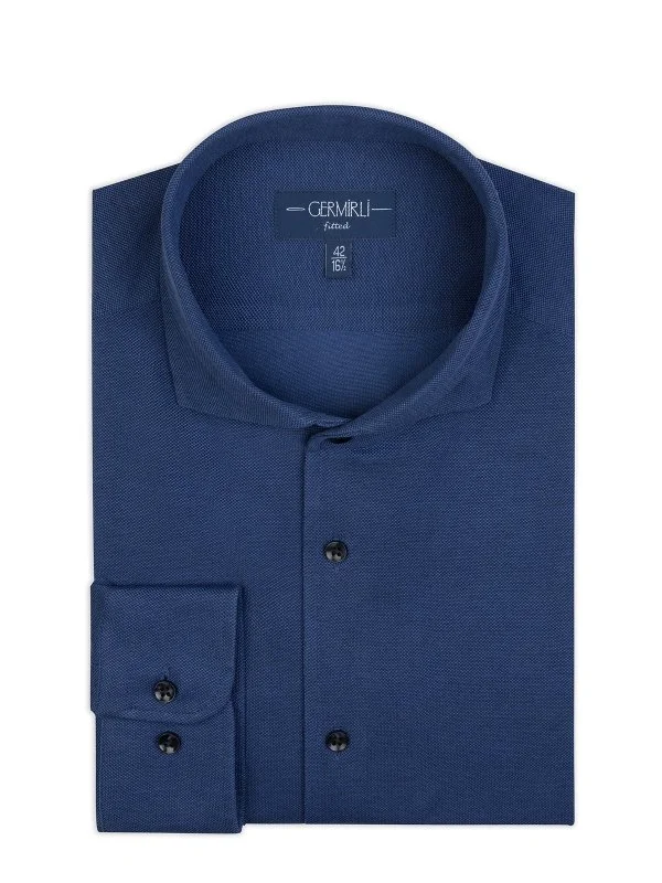 Germirli Navy Blue Knitted Fabric Lapel Collar Tailor Fit Cotton Shirt - 5
