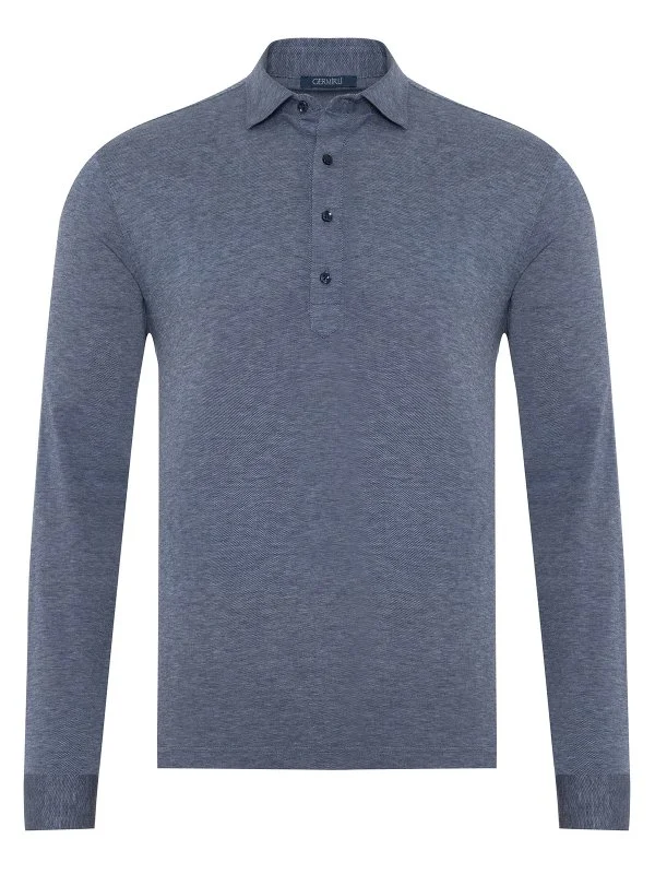 Germirli Navy Blue Piquet Shirt Collar Regular Fit Long Sleeve T-Shirt - 1