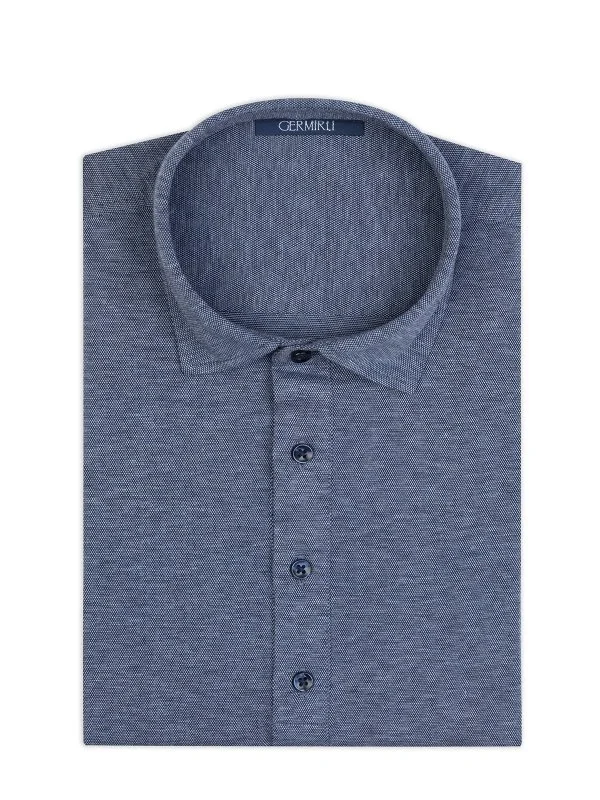 Germirli Navy Blue Piquet Shirt Collar Regular Fit Long Sleeve T-Shirt - 2
