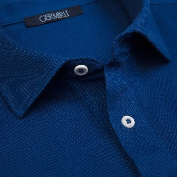 Germirli Navy Blue Piquet Shirt Collar Regular Fit Mercerized T-Shirt - 3