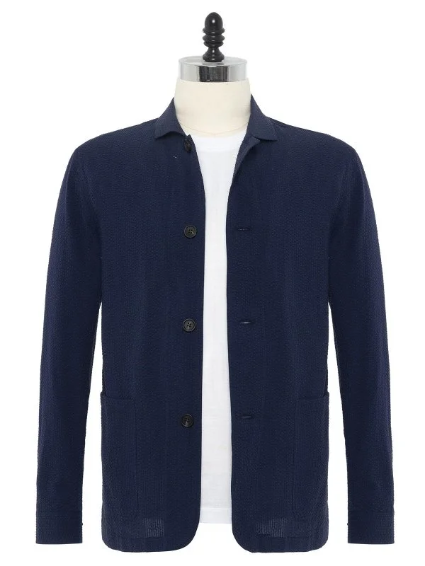 Germirli Navy Blue Seersucker Texture Tailor Fit Cotton Beyoğlu Jacket Shirt - 1