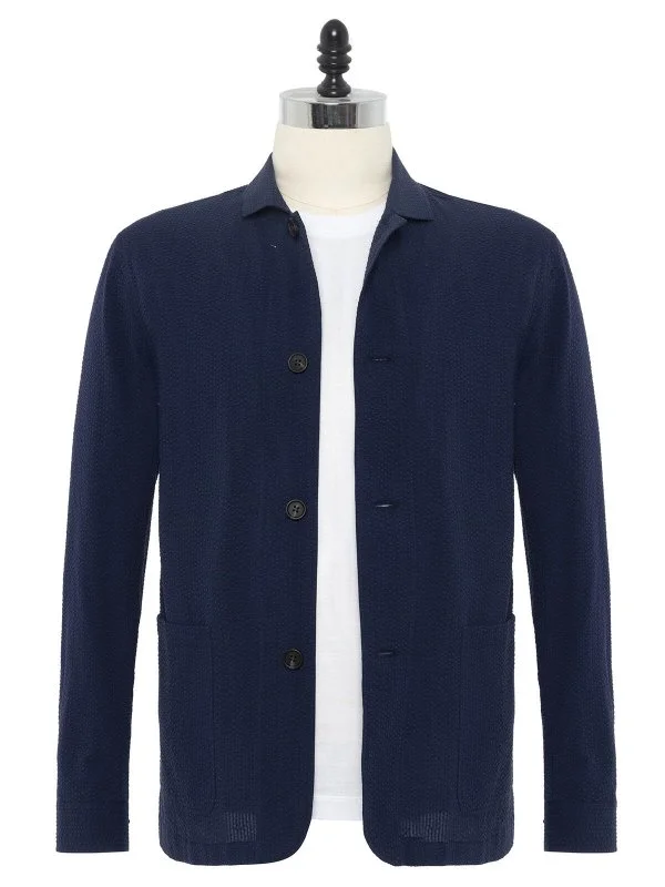 Germirli Navy Blue Seersucker Texture Tailor Fit Cotton Beyoğlu Jacket Shirt - 1