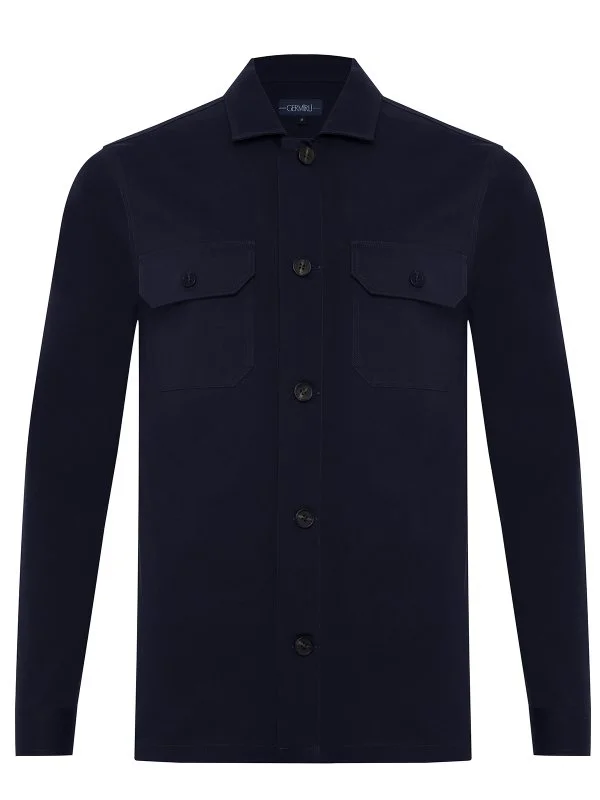 Germirli Navy Blue Tailor Fit Relaxed Fit Pure Cotton Jacket Shirt - 2