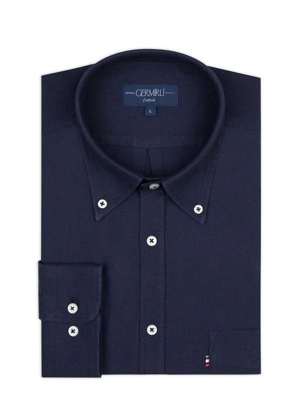 Germirli Navy Blue Tailor Fit Relaxed Fit Button-down Collar Sport Oxford Organic Cotton Shirt - 2
