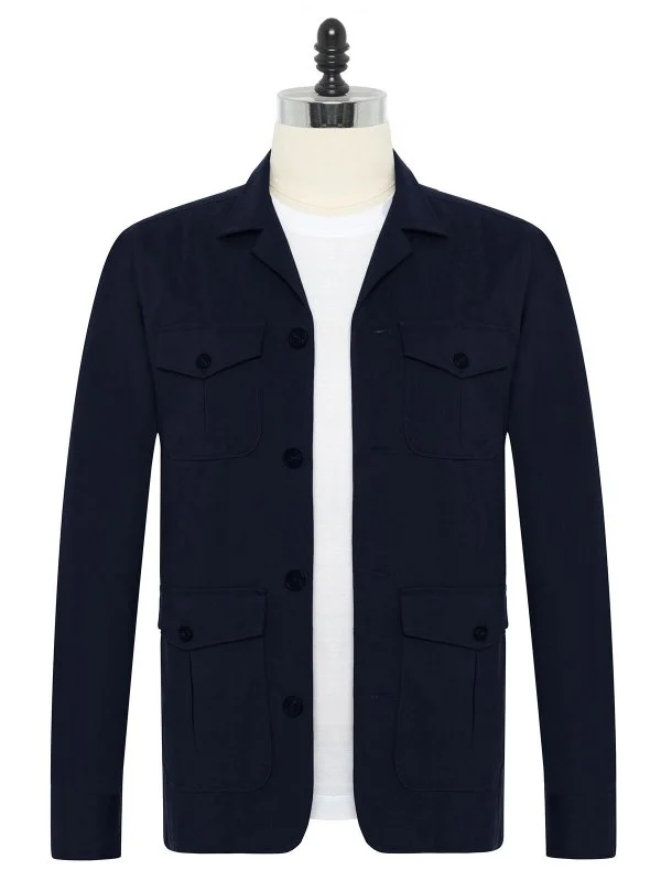 Germirli Navy Blue Twill Texture Tailor Fit Cotton Elastane Utility Jacket Shirt - 1