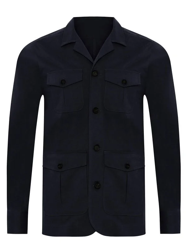 Germirli Navy Blue Twill Texture Tailor Fit Cotton Elastane Utility Jacket Shirt - 2