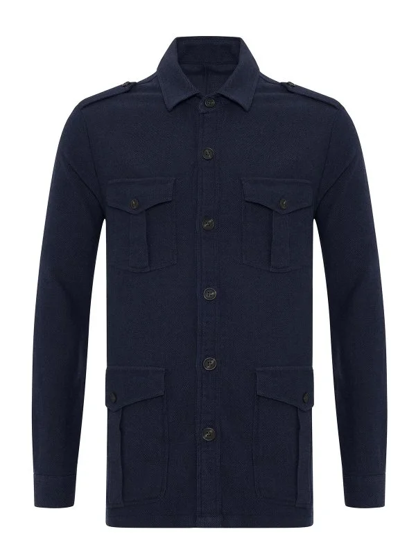 Germirli Navy Blue Denim Textured Germirli Tailor Fit Relaxed Fit Safari Organic Denim Cotton Jacket Shirt - 2