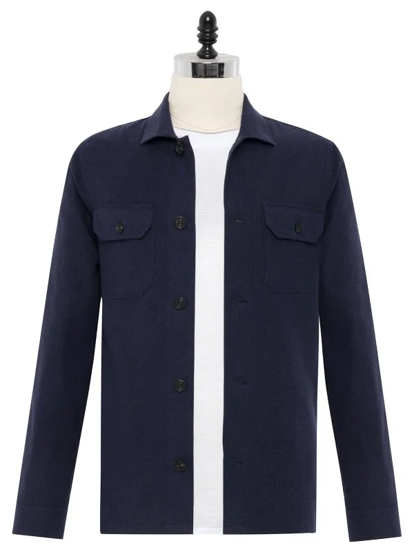 Germirli Navy Blue Flannel Cotton Lyocell Tailor Fit Relaxed Fit Jacket Shirt - 1