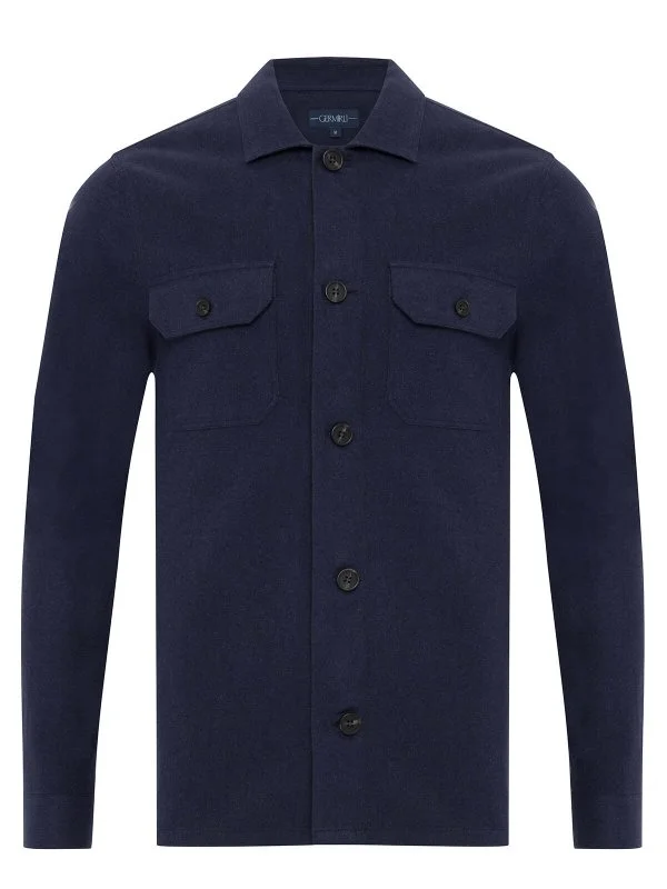 Germirli Navy Blue Flannel Cotton Lyocell Tailor Fit Relaxed Fit Jacket Shirt - 3