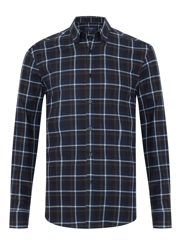 Germirli Navy Blue Flannel Plaid Albiate Button-Down Collar Tailor Fit Cotton Lumberjack Shirt - 1