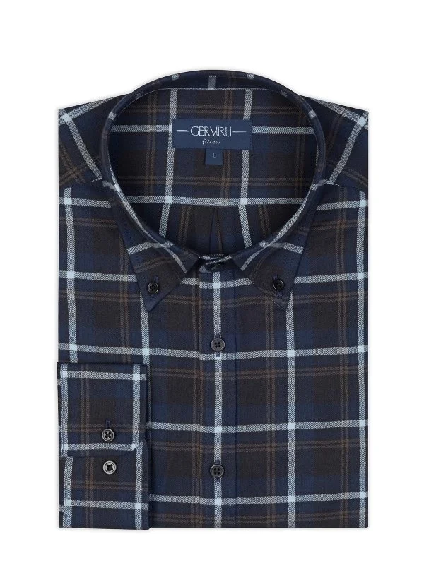 Germirli Navy Blue Flannel Plaid Albiate Button-Down Collar Tailor Fit Cotton Lumberjack Shirt - 2