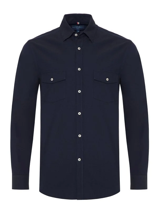 Germirli Navy Hidden Button Collar Flap Pocket Tailor Fit Sport Oxford Men's Shirt - 1