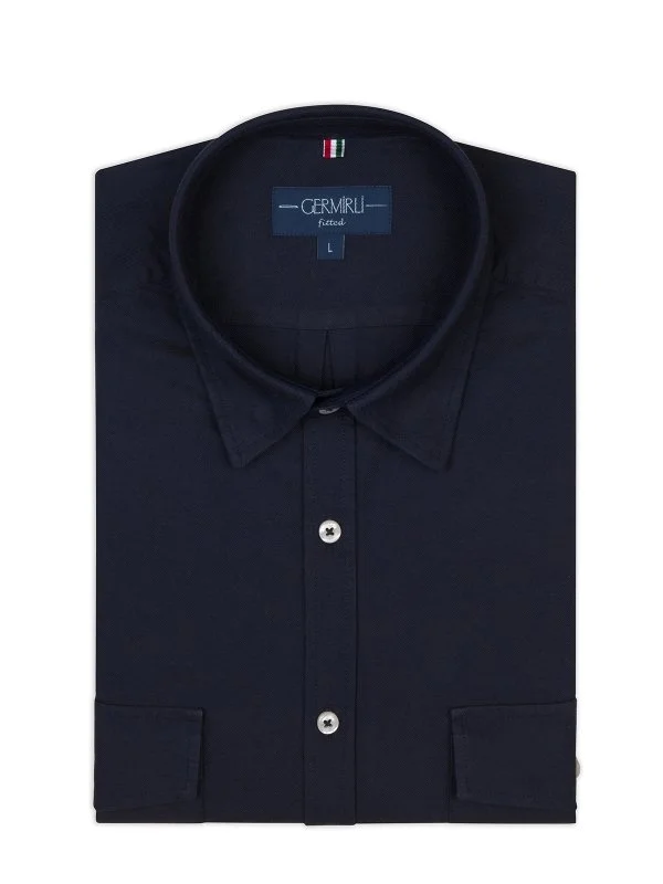 Germirli Navy Hidden Button Collar Flap Pocket Tailor Fit Sport Oxford Men's Shirt - 2