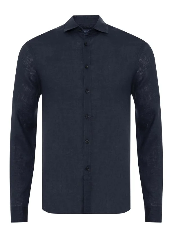 Germirli Navy Blue Soft Collar Tailor Fit Linen Shirt - 1