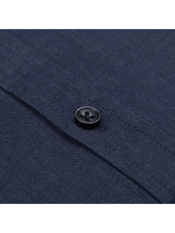 Germirli Navy Blue Soft Collar Tailor Fit Linen Shirt - 3