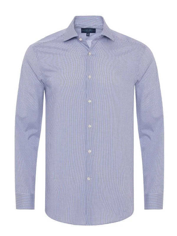 Germirli Navy Blue White Checkered Tailor Fit Journey Twill Non Iron Cotton Italian Collar Shirt - 3