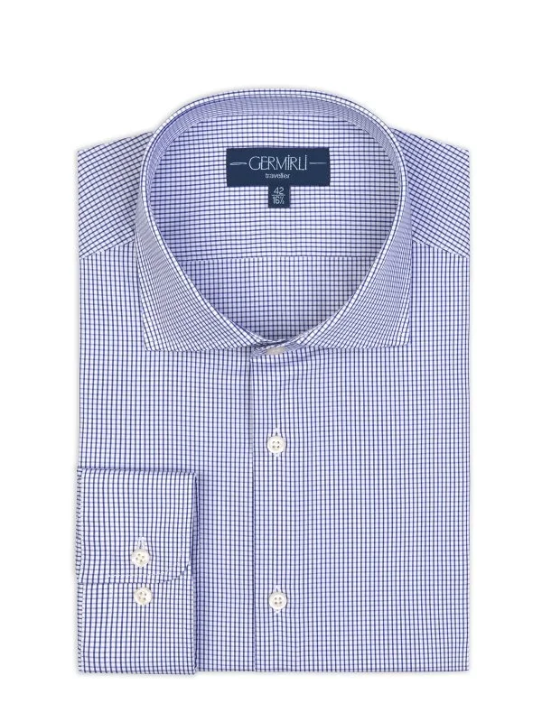 Germirli Navy Blue White Checkered Tailor Fit Journey Twill Non Iron Cotton Italian Collar Shirt - 1