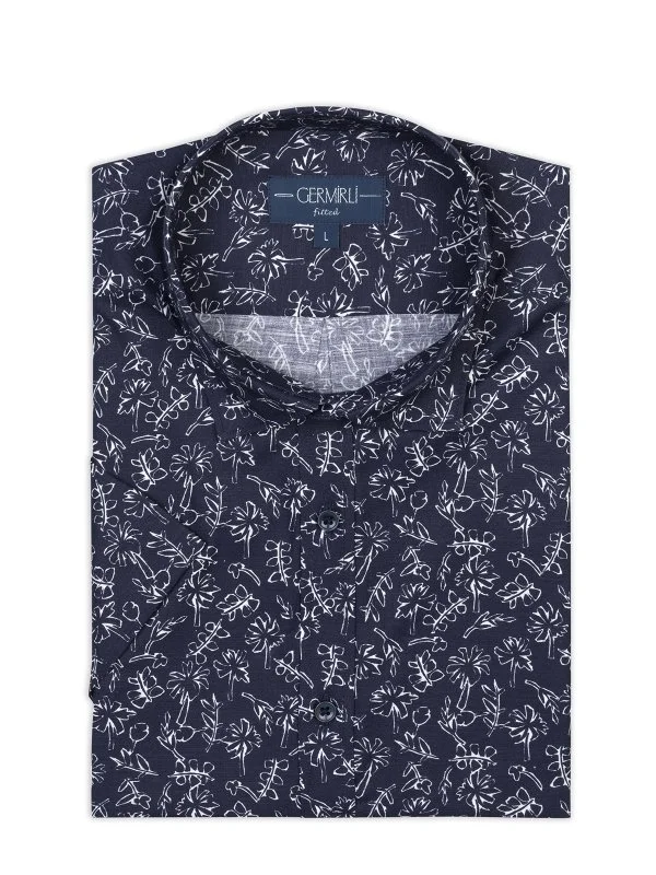 Germirli Navy Blue White Printed Patterned Soft Collar Tailor Fit Short Sleeve Shirt - 2
