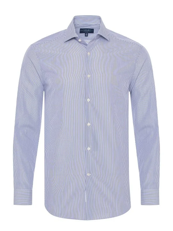 Germirli Navy Blue White Striped Tailor Fit 120/2 Journey Twill Non Iron Cotton Italian Collar Shirt - 3