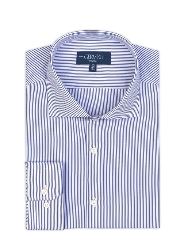 Germirli Navy Blue White Striped Tailor Fit 120/2 Journey Twill Non Iron Cotton Italian Collar Shirt - 1