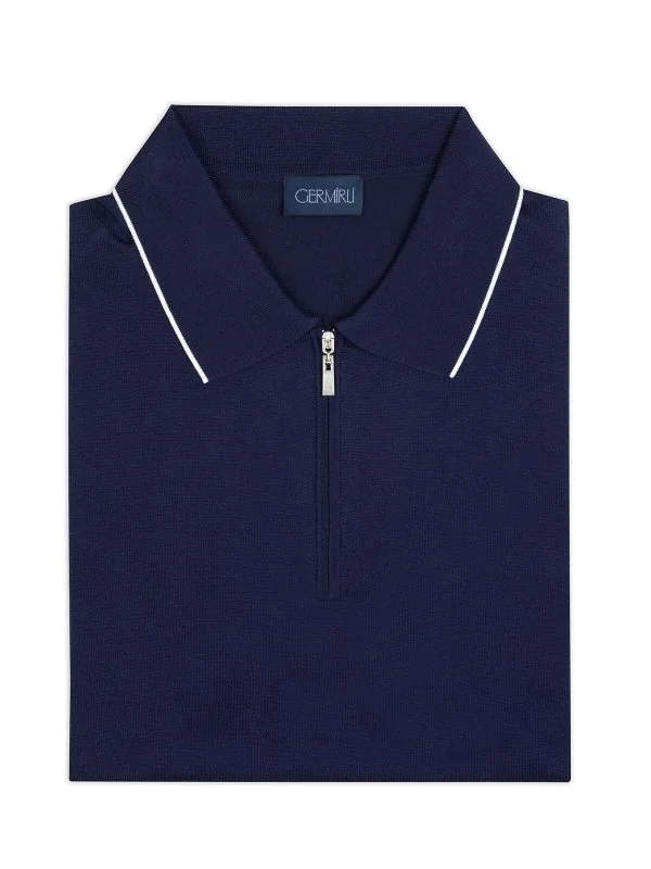 Germirli Navy Blue Zippered Polo Collar Cotton Regular Fit Sweater - 2