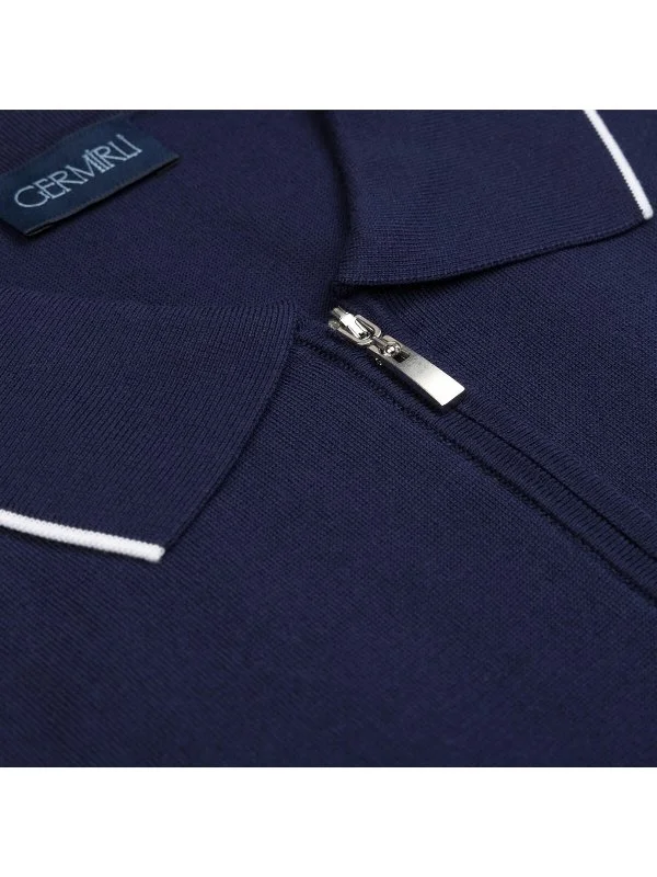 Germirli Navy Blue Zippered Polo Collar Cotton Regular Fit Sweater - 3