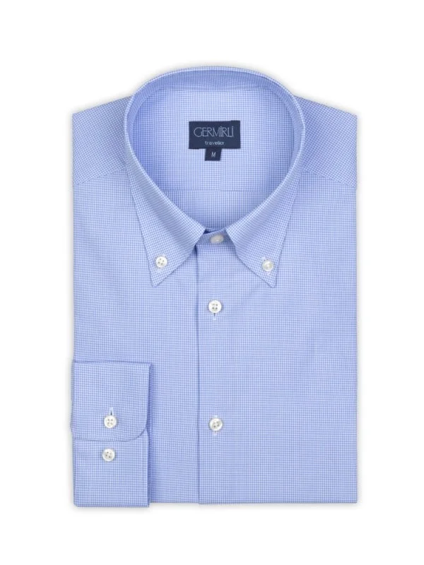 Non Iron Light Blue Checkered Button-Down Collar Tailor Fit Shirt with Germirli - 2
