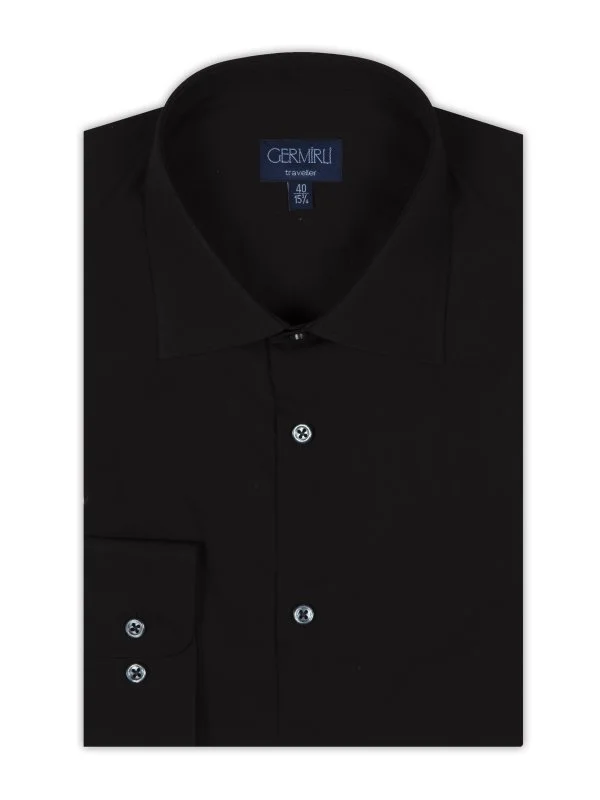 Non Iron Black Poplin Classic Collar Tailor Fit Shirt with Germirli - 2