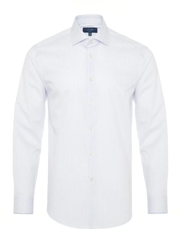 Non Iron Navy Blue Striped Classic Collar Tailor Fit Shirt with Germirli - 1