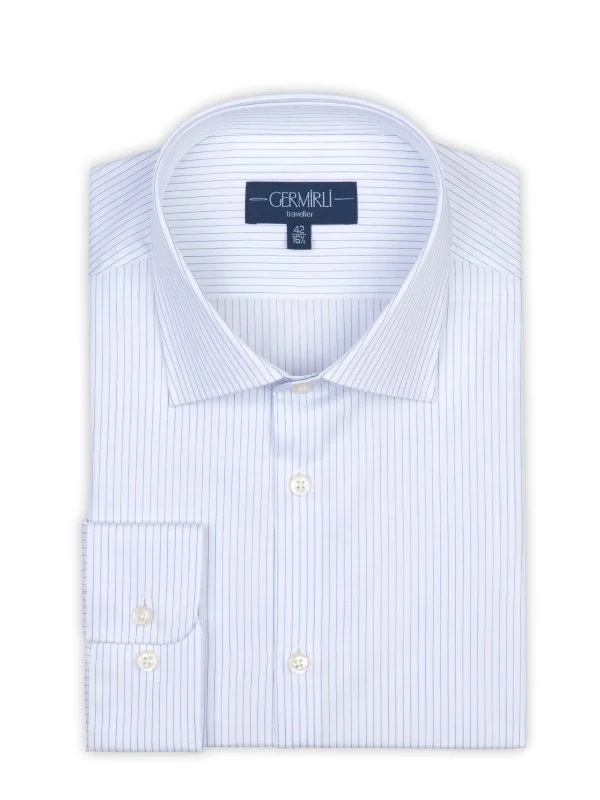 Non Iron Navy Blue Striped Classic Collar Tailor Fit Shirt with Germirli - 2