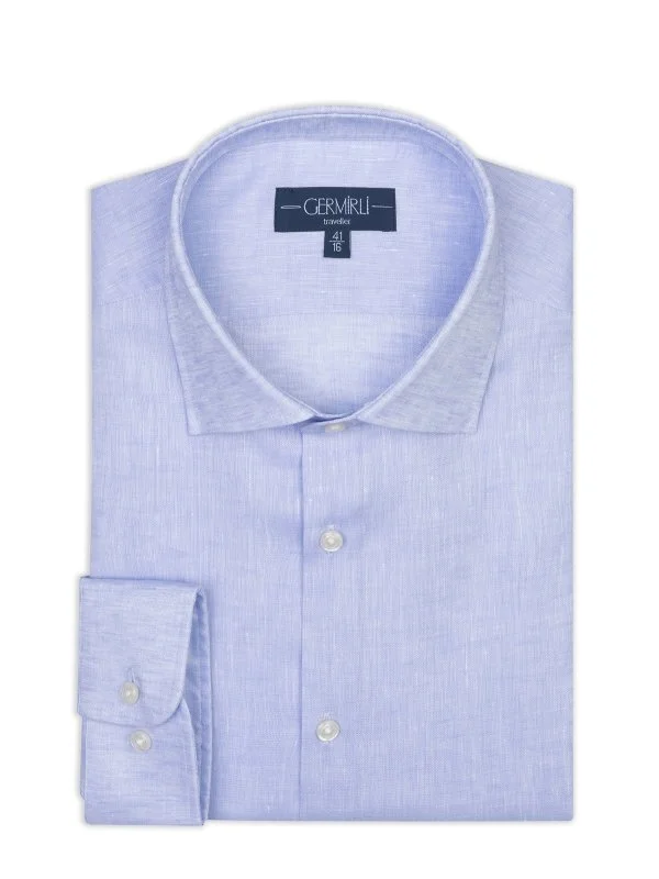Non Iron Light Blue Classic Collar Tailor Fit Journey Linen Shirt with Germirli - 2