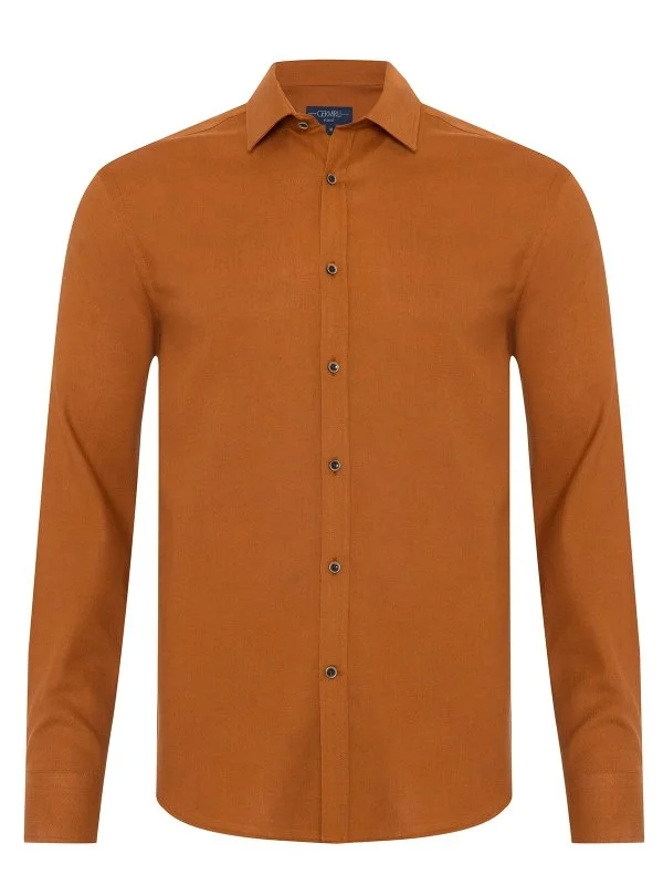 Orange Twill Texture Soft Collar Tailor Fit Cotton Wool Shirt with Germirli - 1
