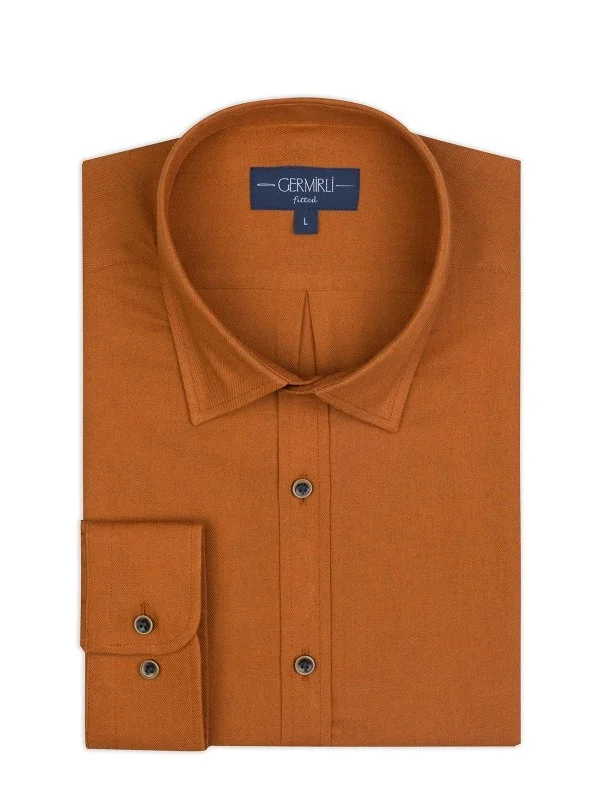 Orange Twill Texture Soft Collar Tailor Fit Cotton Wool Shirt with Germirli - 2
