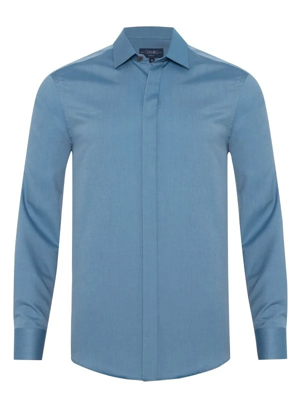 Germirli Petrol Blue Hidden Placket Soft Collar Tailor Fit Diagonal Pattern Cotton Shirt - 1