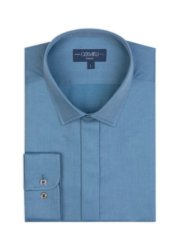 Germirli Petrol Blue Hidden Placket Soft Collar Tailor Fit Diagonal Pattern Cotton Shirt - 2
