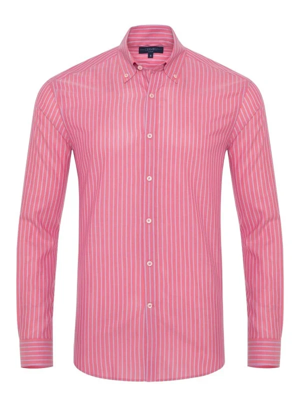 Germirli Pink Blue Striped Button Down Collar Tailor Fit Voile Shirt - 1
