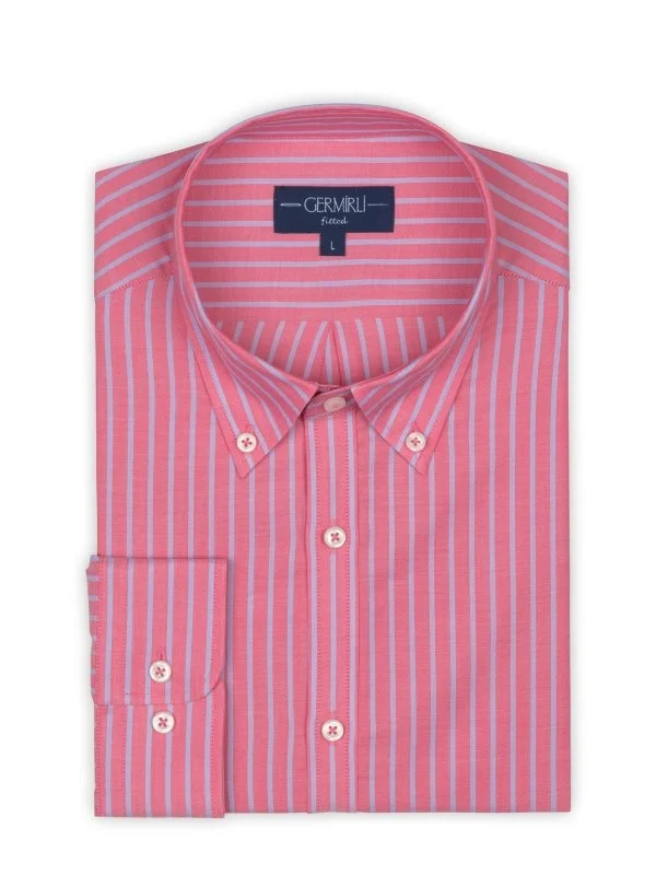 Germirli Pink Blue Striped Button Down Collar Tailor Fit Voile Shirt - 2