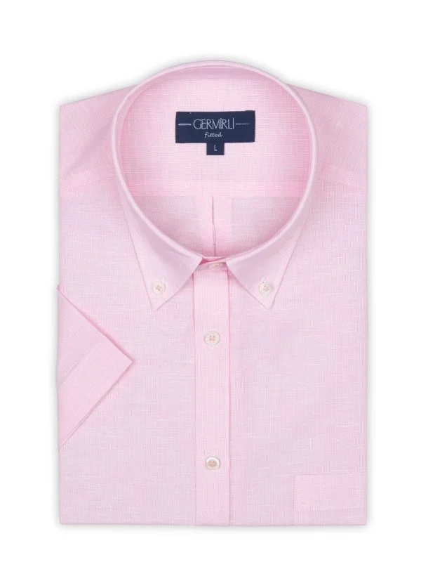 Germirli Pink White Striped Linen Cotton Short Sleeve Button Down Collar Pocket Tailor Fit Shirt - 2