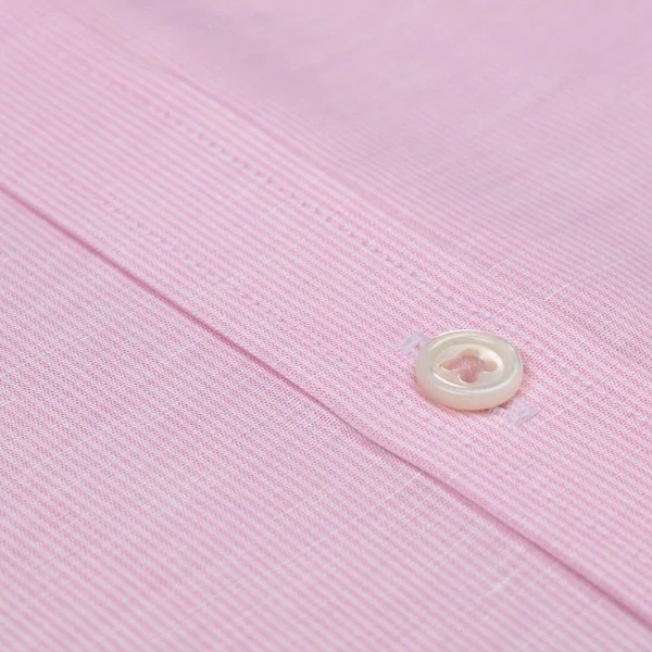 Germirli Pink White Striped Linen Cotton Short Sleeve Button Down Collar Pocket Tailor Fit Shirt - 3
