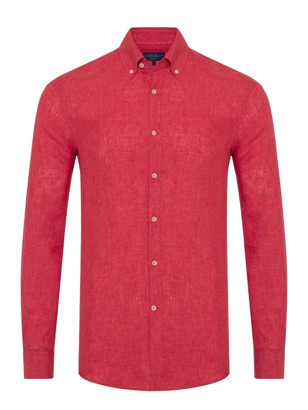 Germirli Pomegranate Flower Button-Down Collar Tailor Fit Delave Linen Shirt - 1