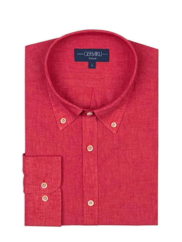 Germirli Pomegranate Flower Button-Down Collar Tailor Fit Delave Linen Shirt - 2
