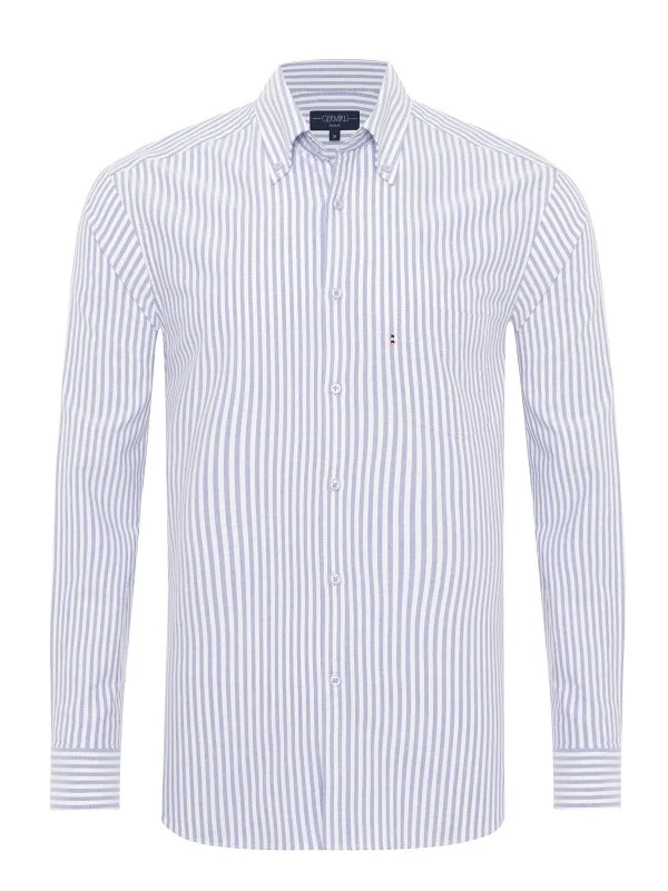 Germirli Purple White Striped Tailor Fit Relaxed Fit Button Down Collar Sport Oxford Organic Cotton Shirt - 1