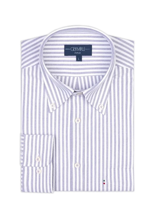 Germirli Purple White Striped Tailor Fit Relaxed Fit Button Down Collar Sport Oxford Organic Cotton Shirt - 2