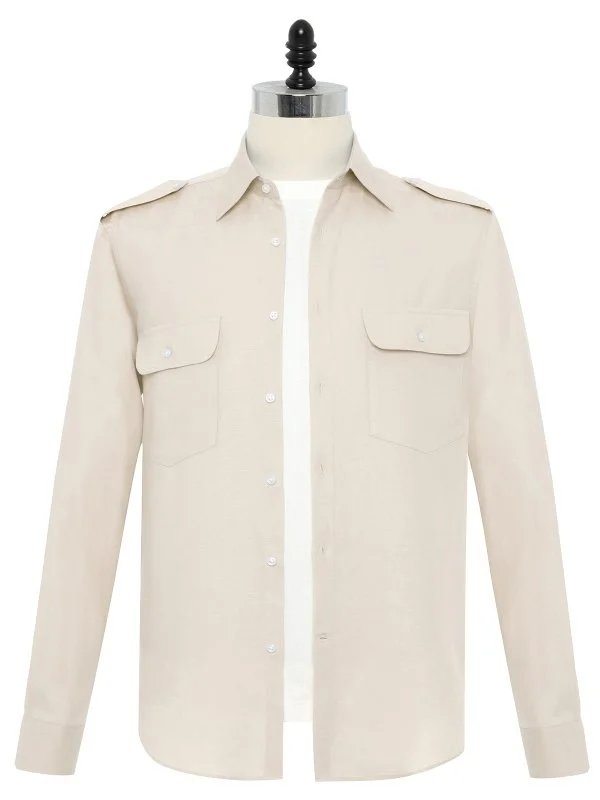 Germirli Sand Beige Color Cotton Tencel Epaulette Cover Pocket Foldable Sleeve Hello Shirt - 1