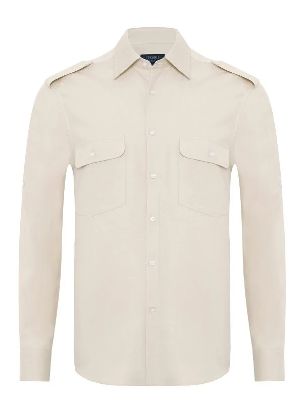 Germirli Sand Beige Color Cotton Tencel Epaulette Cover Pocket Foldable Sleeve Hello Shirt - 2