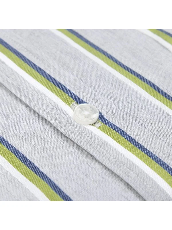 Germirli Soft Collar Double Flap Pocket Tailor Fit Grey Green Navy Striped Cotton Linen Shirt - 3