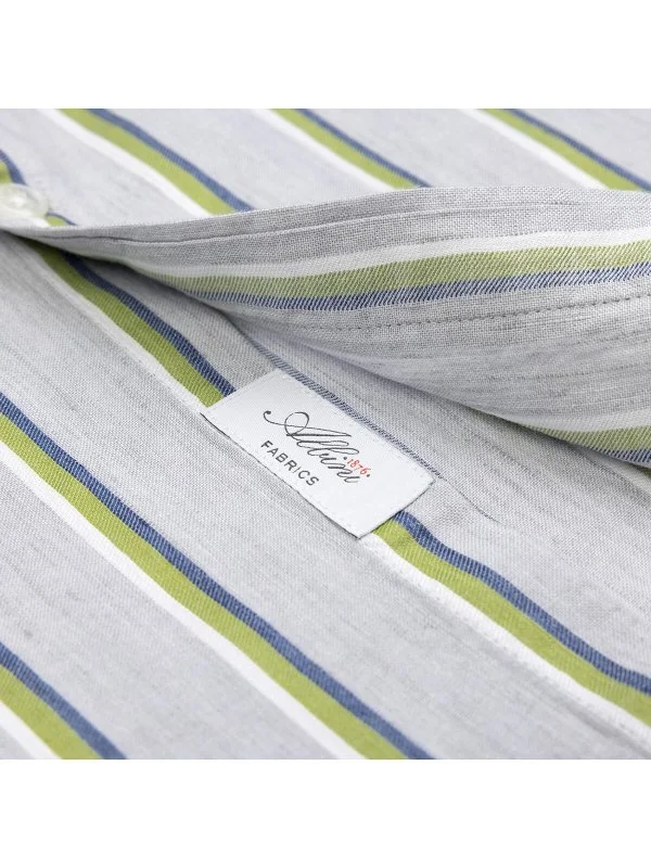 Germirli Soft Collar Double Flap Pocket Tailor Fit Grey Green Navy Striped Cotton Linen Shirt - 4
