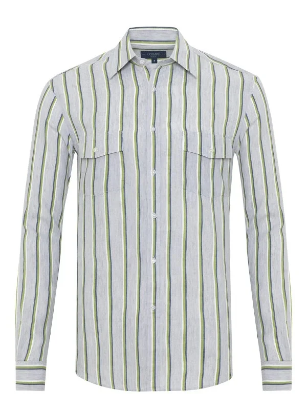 Germirli Soft Collar Double Flap Pocket Tailor Fit Grey Green Navy Striped Cotton Linen Shirt - 1
