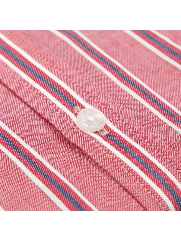 Germirli Soft Collar Double Flap Pocket Tailor Fit Grey Red Navy Striped Cotton Linen Shirt - 3